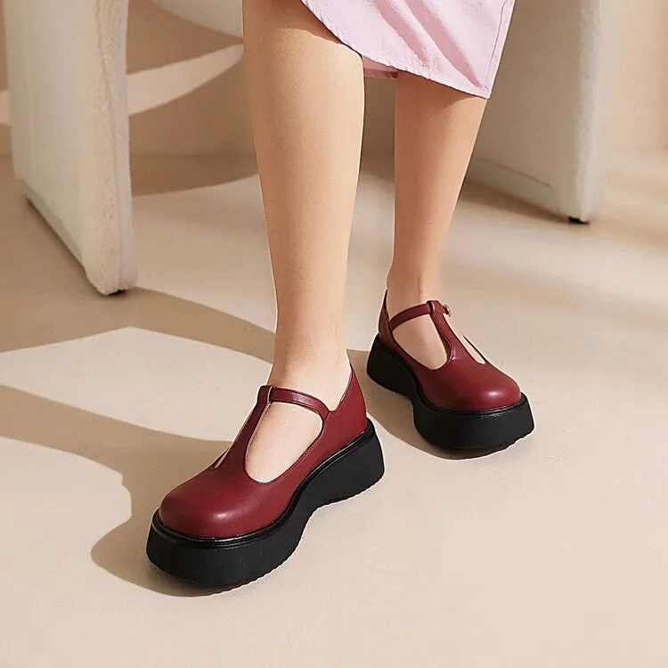 Women's T Strap Round Toe Flat Platform Pumps