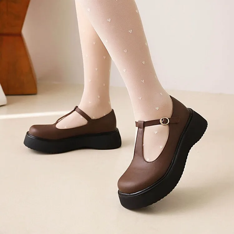 Women's T Strap Round Toe Flat Platform Pumps