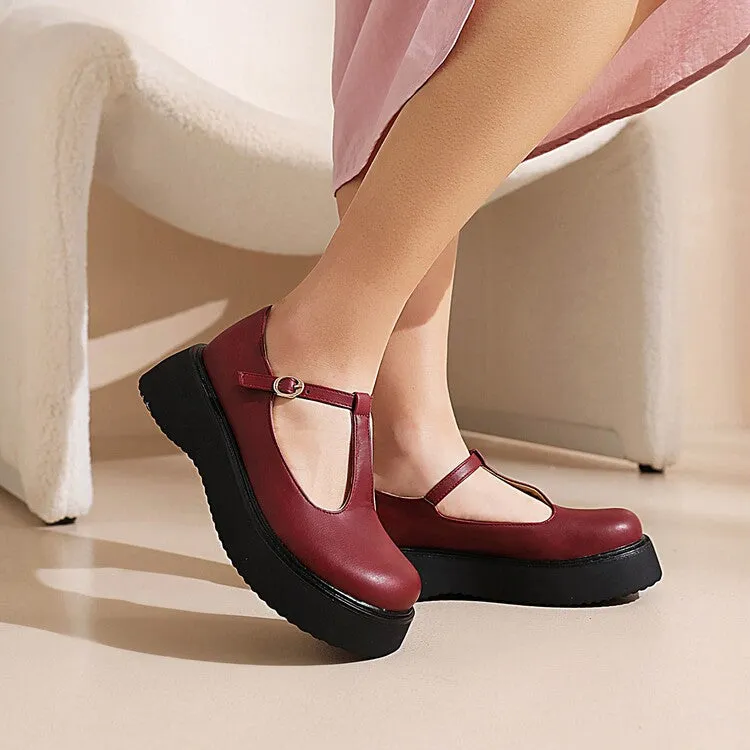 Women's T Strap Round Toe Flat Platform Pumps