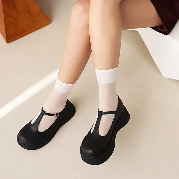 Women's T Strap Round Toe Flat Platform Pumps