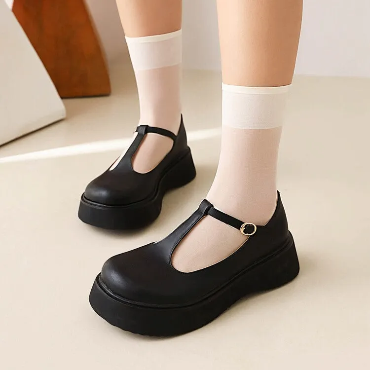 Women's T Strap Round Toe Flat Platform Pumps