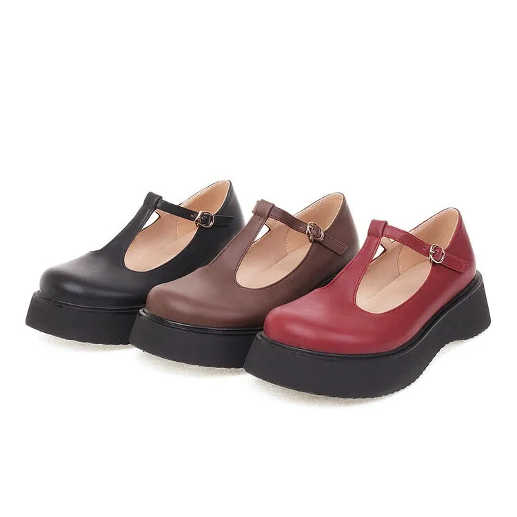 Women's T Strap Round Toe Flat Platform Pumps