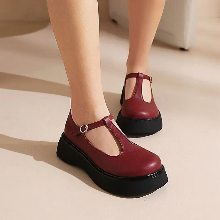 Women's T Strap Round Toe Flat Platform Pumps