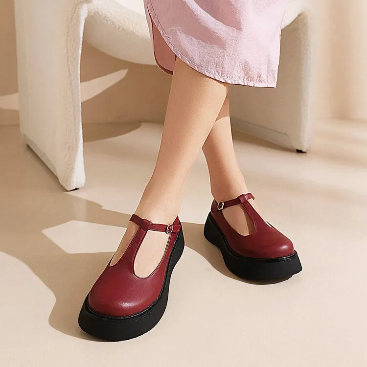 Women's T Strap Round Toe Flat Platform Pumps