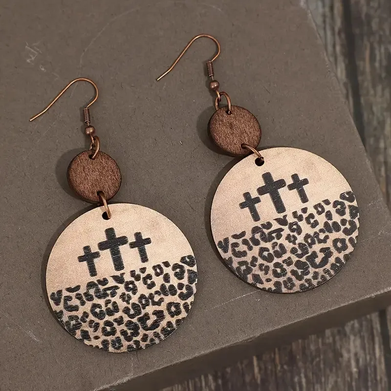 Wood Cross With Leopard Print Dangle Earrings