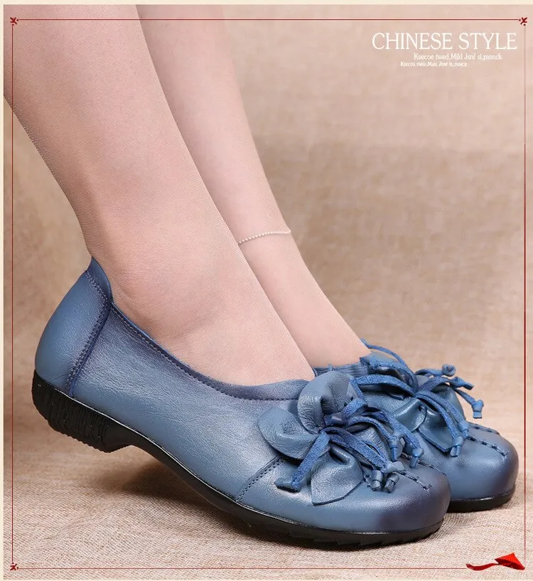 xiangtuibao Women Flats Vintage Shoes Woman Genuine Leather Shoes Ladies Flowers Flats Women Handmade Comfort Soft Bottom Mother Shoe Female