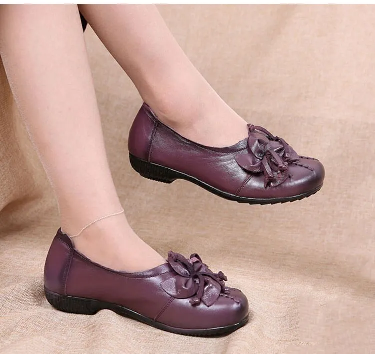 xiangtuibao Women Flats Vintage Shoes Woman Genuine Leather Shoes Ladies Flowers Flats Women Handmade Comfort Soft Bottom Mother Shoe Female