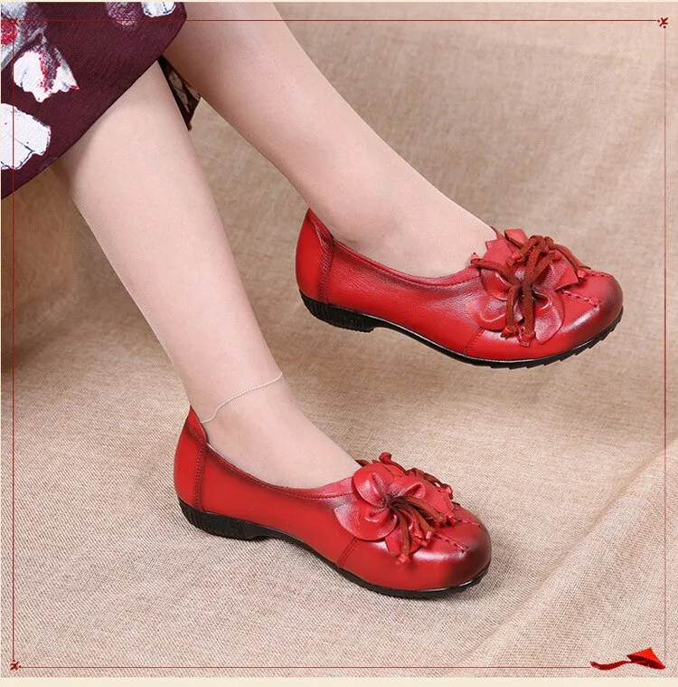 xiangtuibao Women Flats Vintage Shoes Woman Genuine Leather Shoes Ladies Flowers Flats Women Handmade Comfort Soft Bottom Mother Shoe Female