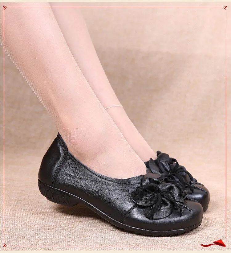 xiangtuibao Women Flats Vintage Shoes Woman Genuine Leather Shoes Ladies Flowers Flats Women Handmade Comfort Soft Bottom Mother Shoe Female