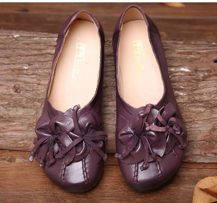 xiangtuibao Women Flats Vintage Shoes Woman Genuine Leather Shoes Ladies Flowers Flats Women Handmade Comfort Soft Bottom Mother Shoe Female