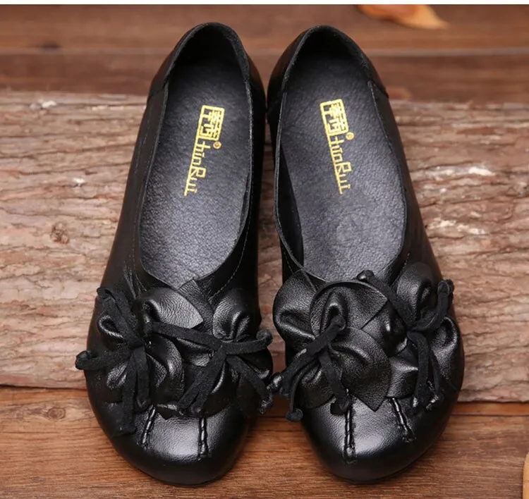 xiangtuibao Women Flats Vintage Shoes Woman Genuine Leather Shoes Ladies Flowers Flats Women Handmade Comfort Soft Bottom Mother Shoe Female