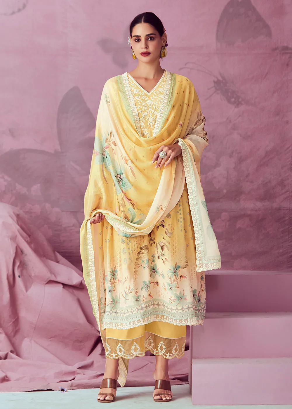 Yellow Muslin Cotton Printed Trendy Salwar Kurta Set