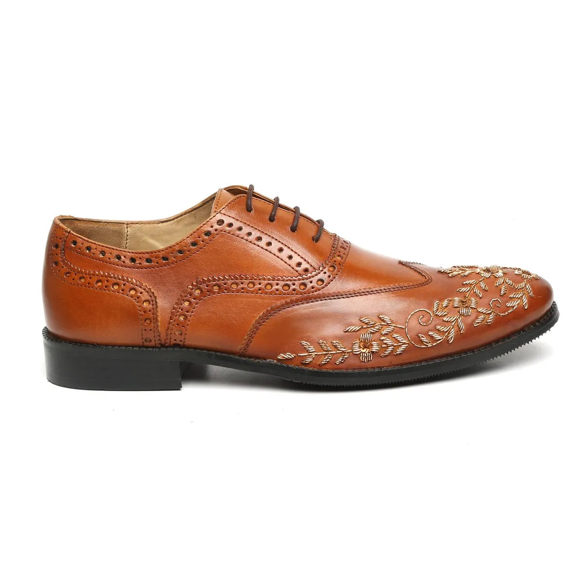 Zardosi Wingtip Oxford Lace-Up Formal Shoes in Tan genuine Leather by Brune & Bareskin